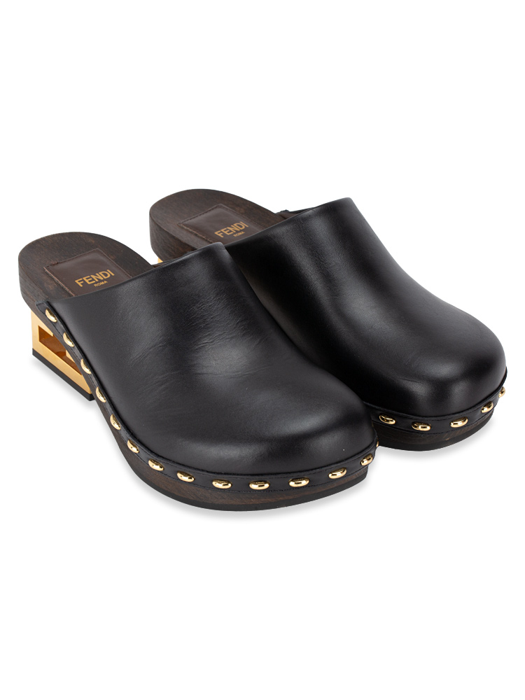 Calfskin Wood Fendi FF Clogs Black Brown Sz 38