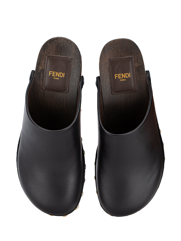 Calfskin Wood Fendi FF Clogs Black Brown Sz 38