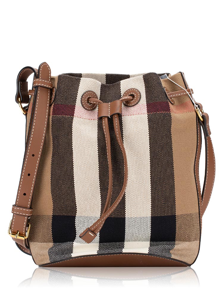 Giant Check Canvas Small Bucket Bag Taupe Brown