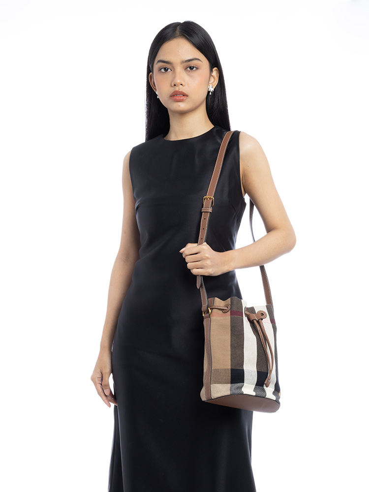 Giant Check Canvas Small Bucket Bag Taupe Brown