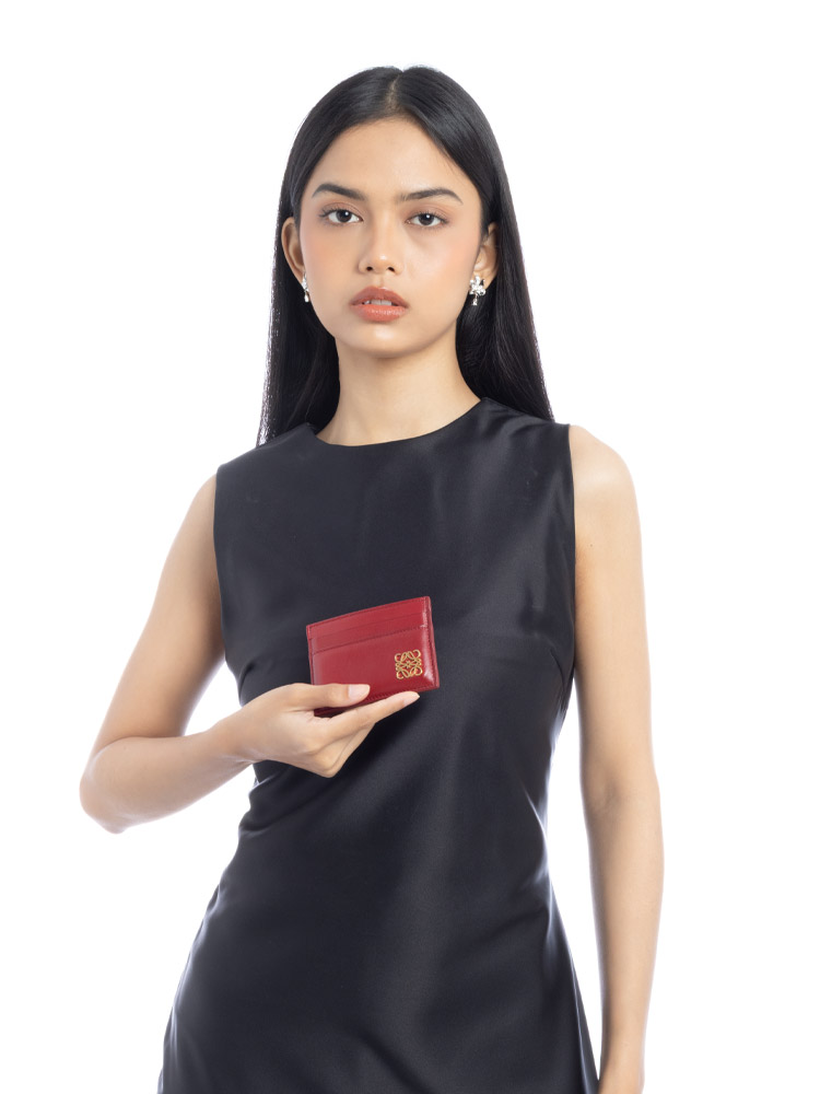 Lambskin Puffer Anagram Card Holder Burnt Red