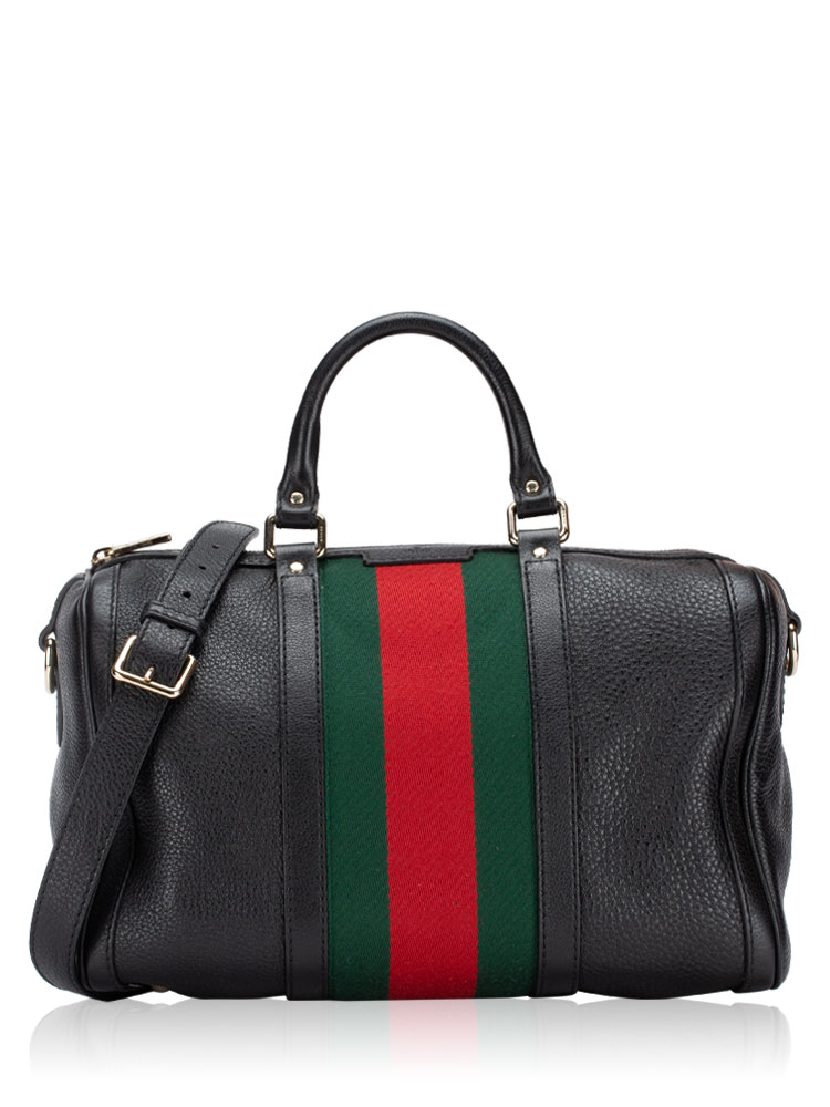 Calfskin Vintage Web Medium Boston Bag with Strap Black