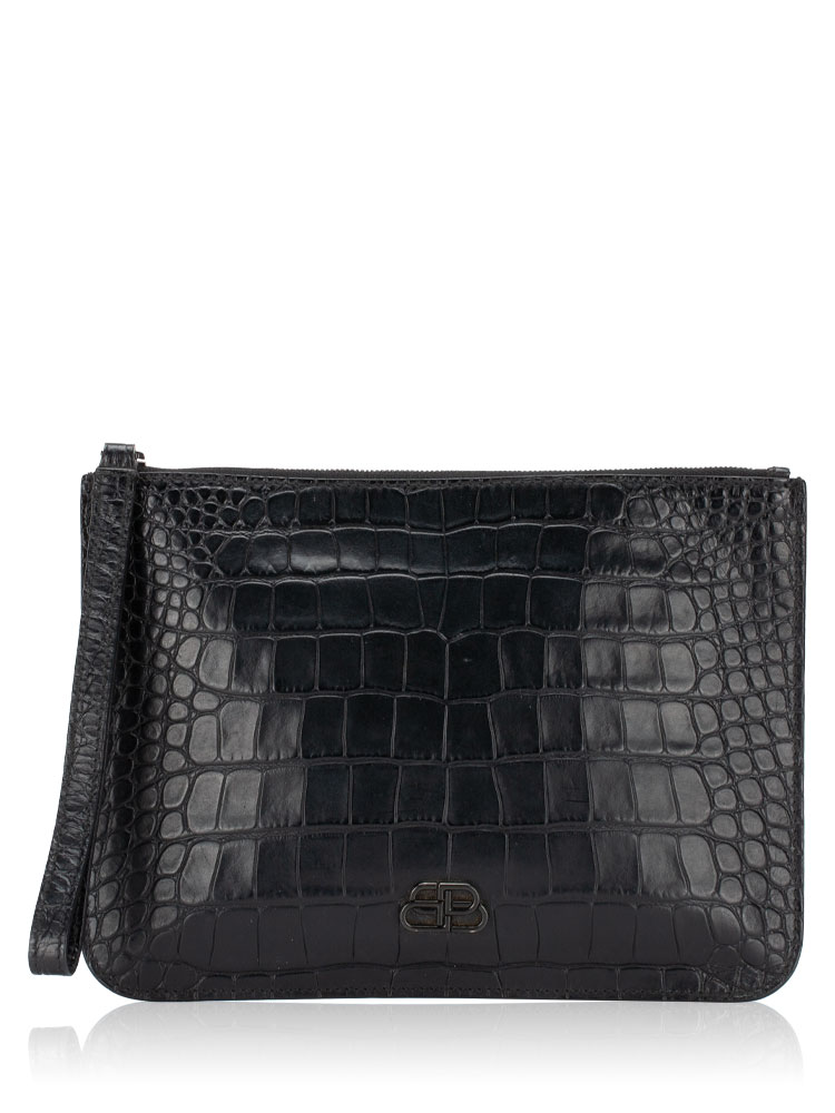 Shiny Croc Embossed BB Wrist Pouch Black
