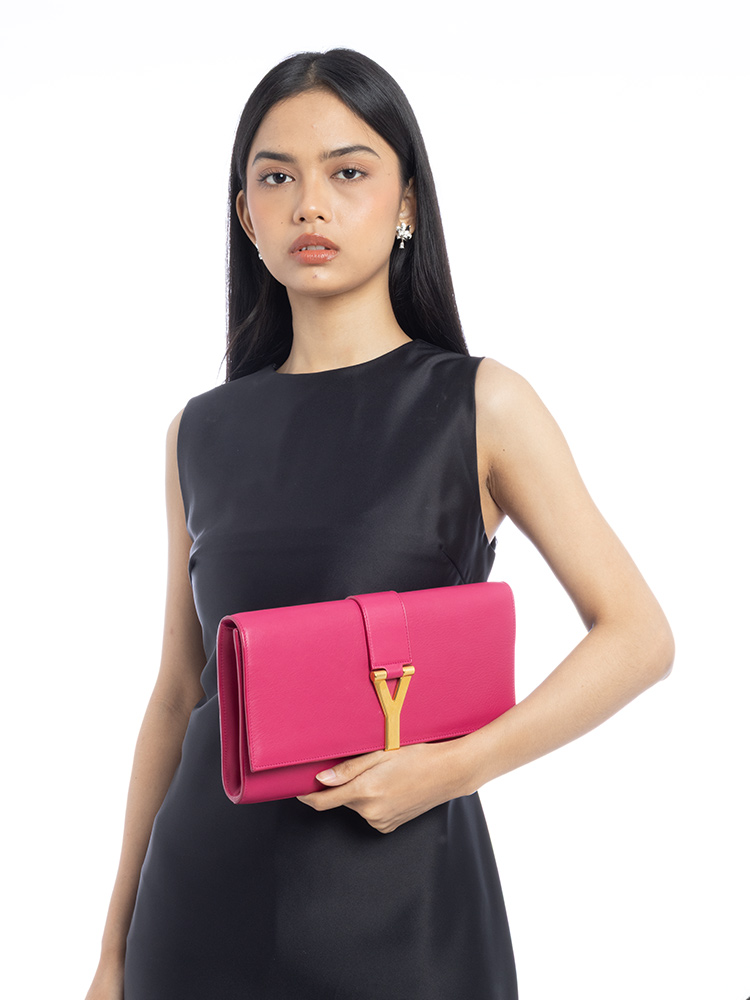 Calfskin Classic Y Ligne Clutch Fuchsia