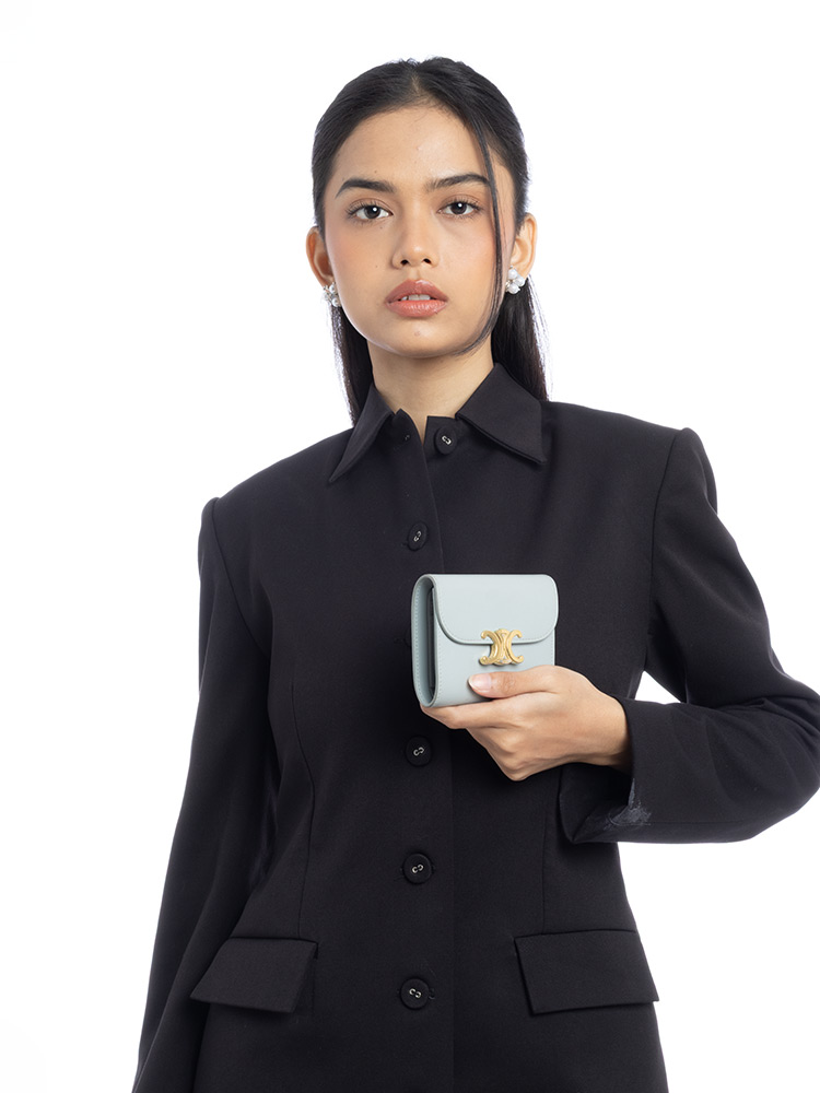 Shiny Calfskin Triomphe Small Wallet Soft Blue