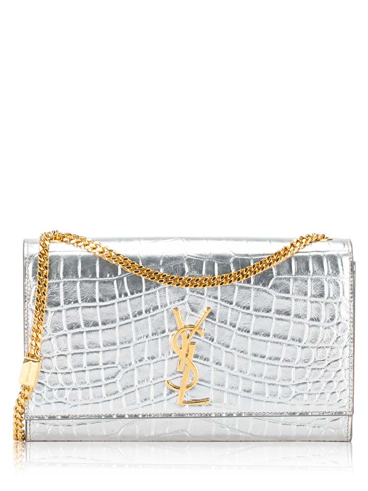 Croc Embossed Monogram Kate Medium Shoulder Bag Silver