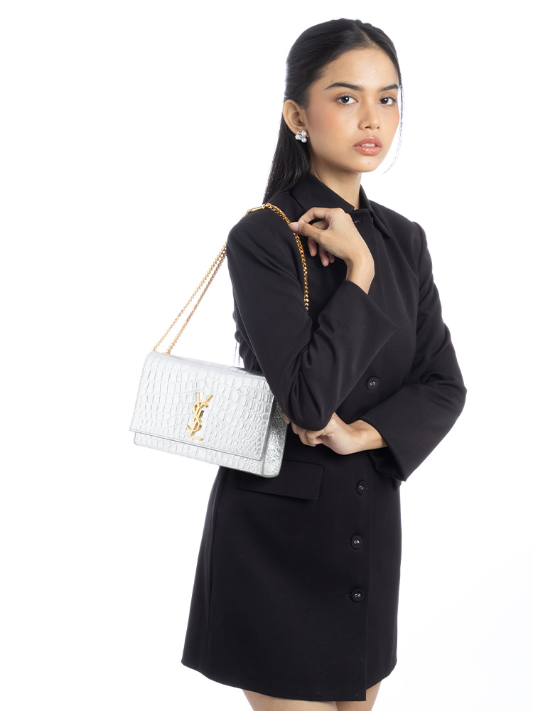 Croc Embossed Monogram Kate Medium Shoulder Bag Silver