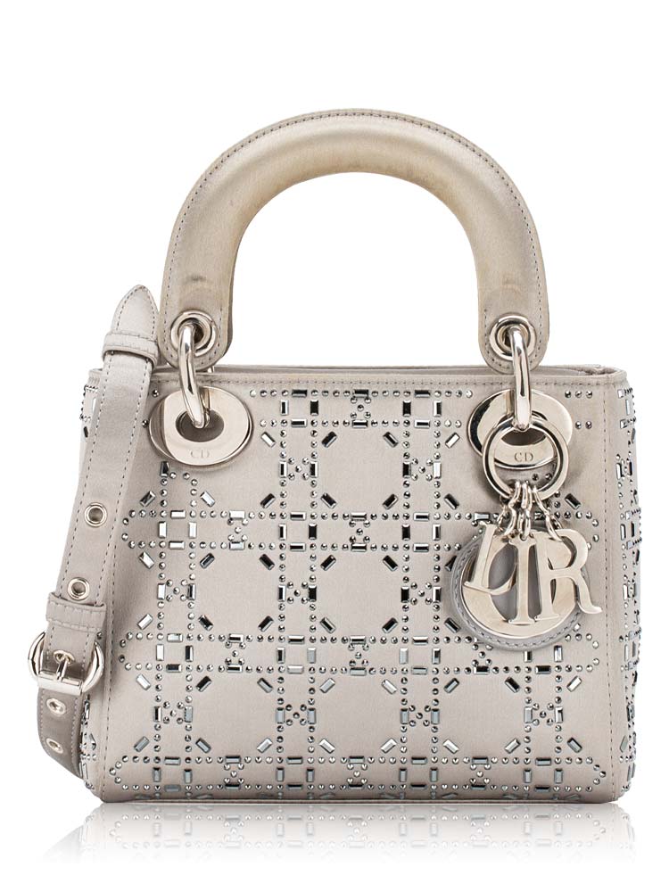 Satin Crystal Cannage Mini Lady Dior Gray