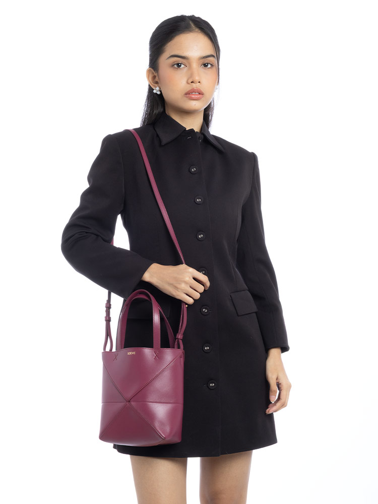 Shiny Calfskin Puzzle Fold Mini Tote Crimson