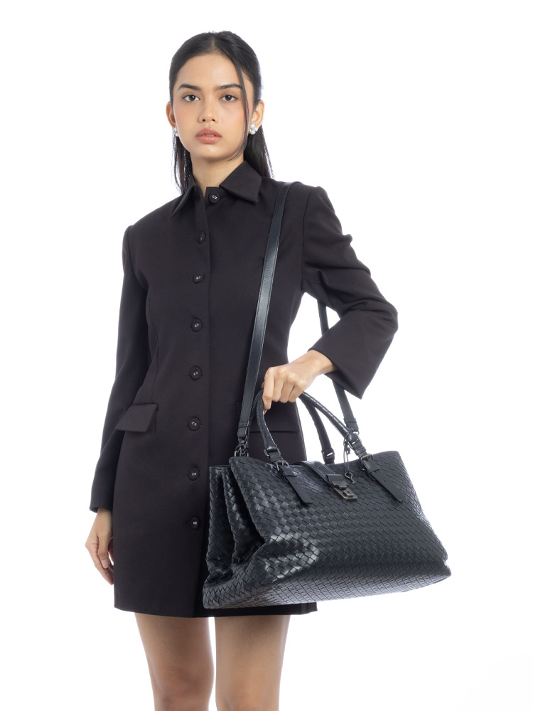Nappa Intrecciato Roma Medium Satchel Black