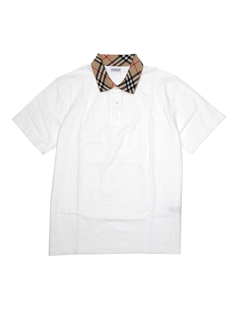 Cotton Pique Polo Shirt with Check Collar White Sz XL