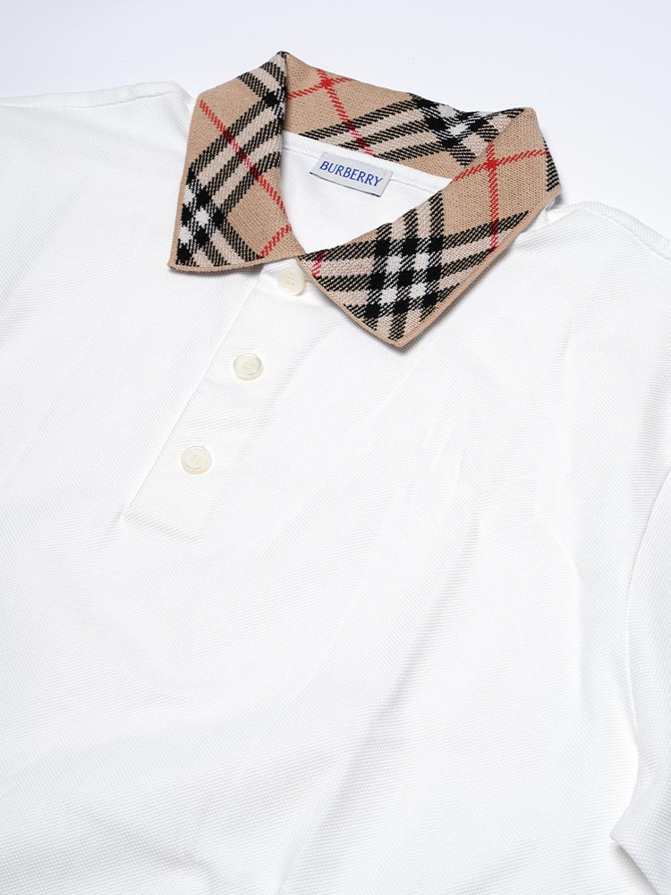 Cotton Pique Polo Shirt with Check Collar White Sz XL
