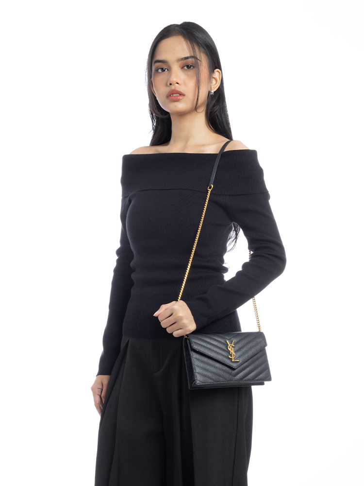 Grain De Poudre Matelasse Monogram 19cm Chain Wallet Black
