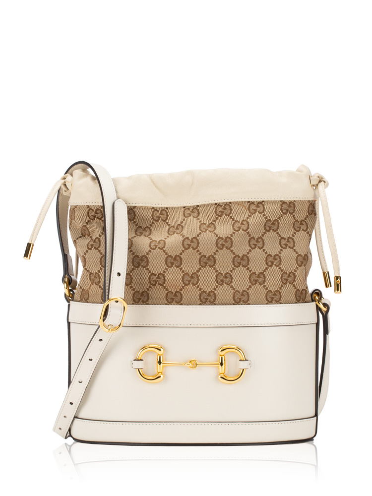 Canvas Horsebit 1955 Drawstring Bucket Bag Beige Mystic White