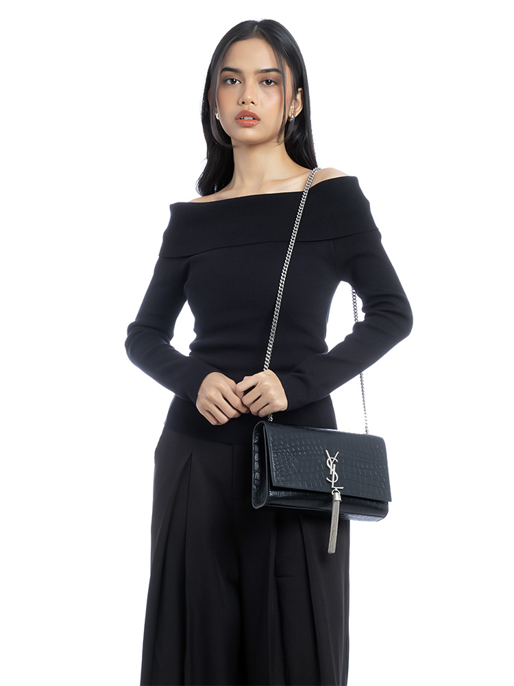 Croco Effect Monogram Kate Tassel Shoulder Bag Black