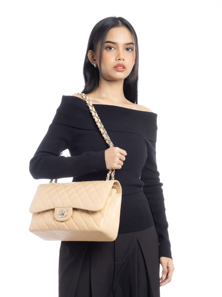 Caviar Jumbo Classic Double Flap Bag Beige
