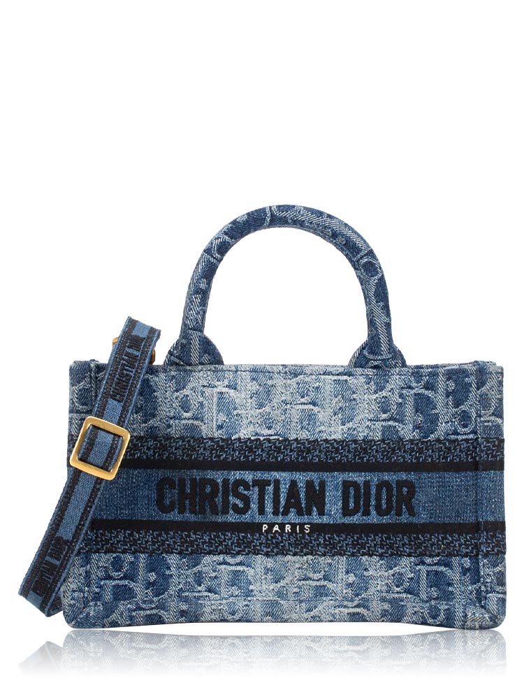 Denim Oblique Mini Book Tote With Strap Blue