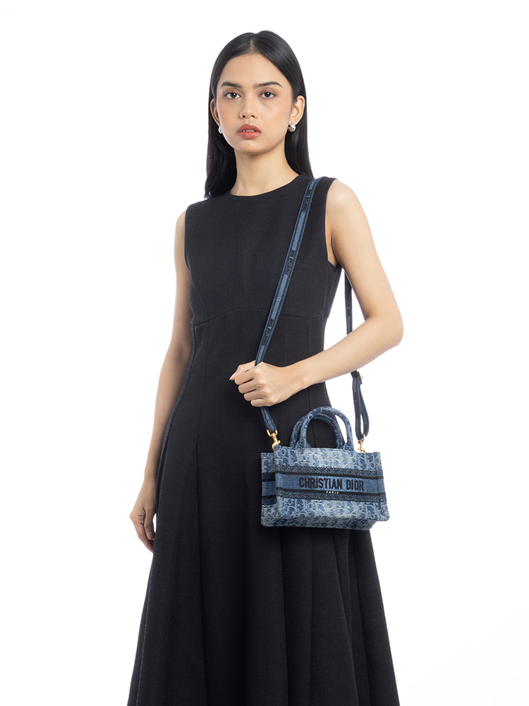 Denim Oblique Mini Book Tote With Strap Blue