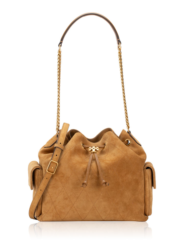 Quilted Suede Charlie Drawstring Shoulder Bag Toffee
