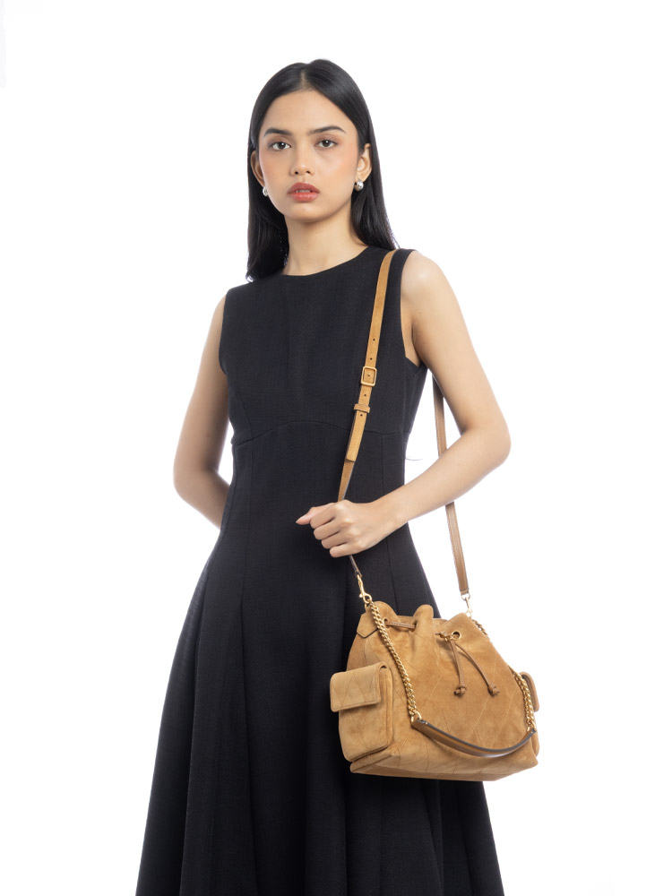 Quilted Suede Charlie Drawstring Shoulder Bag Toffee