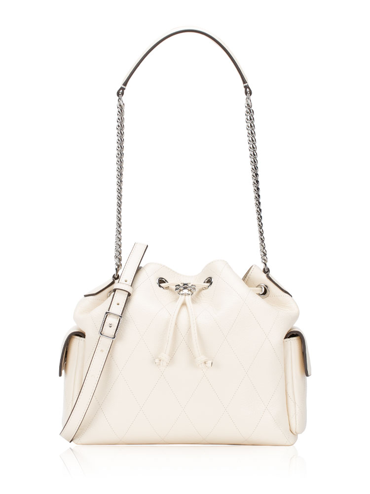 Quilted Leather Charlie Drawstring Shoulder Bag Light Cream