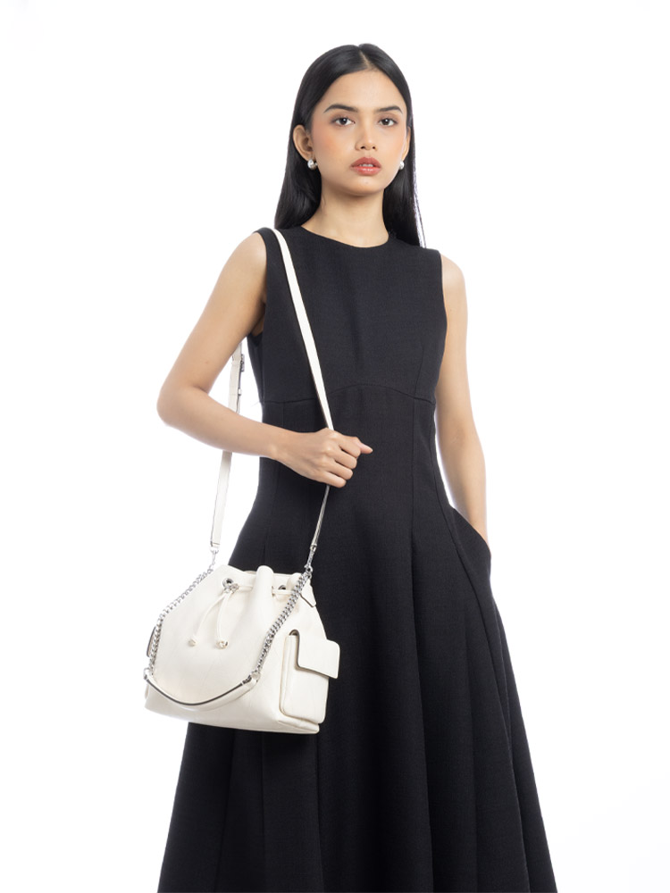 Quilted Leather Charlie Drawstring Shoulder Bag Light Cream
