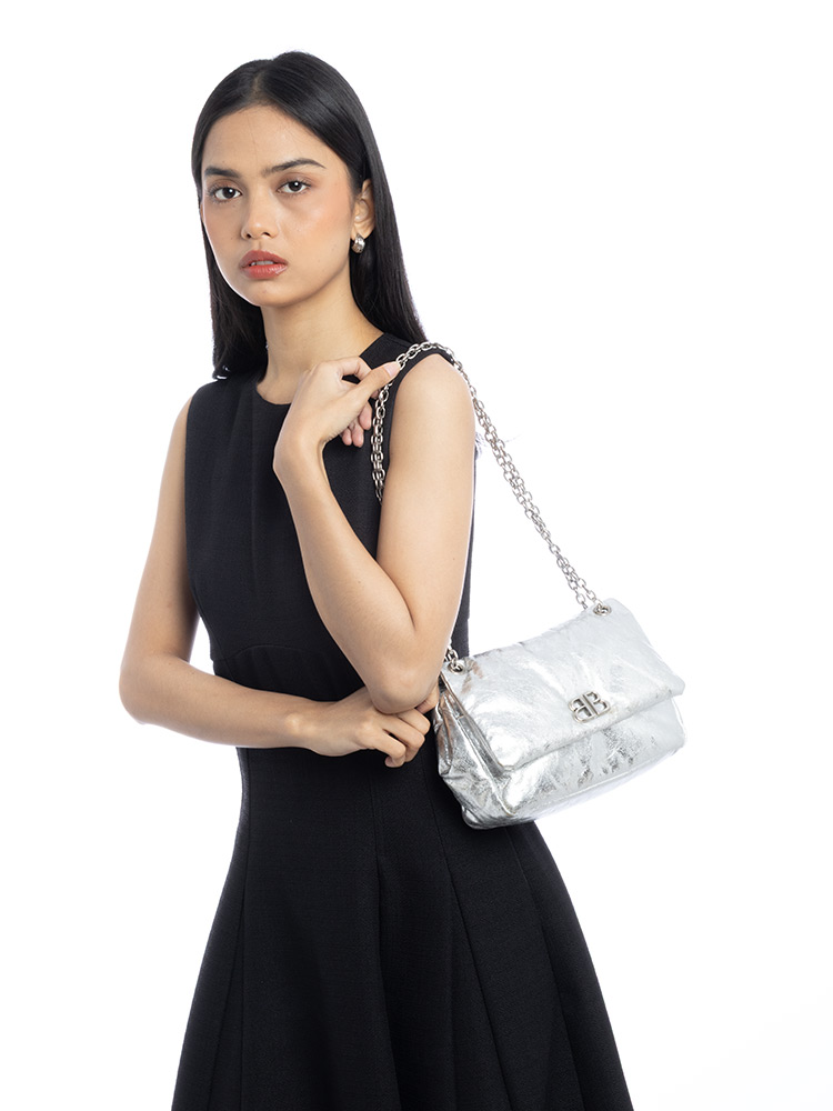 Metallized Calfskin Monaco Mini Chain Shoulder Bag Silver