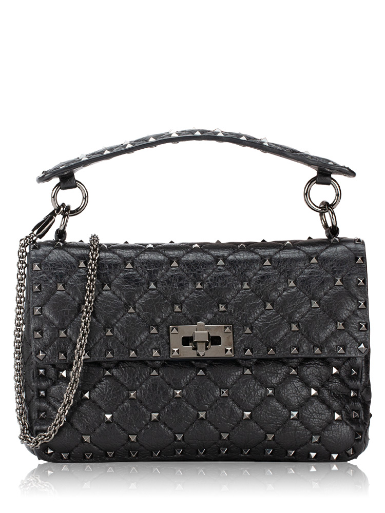 Craquele Nappa Rockstud Spike Medium Shoulder Bag Black
