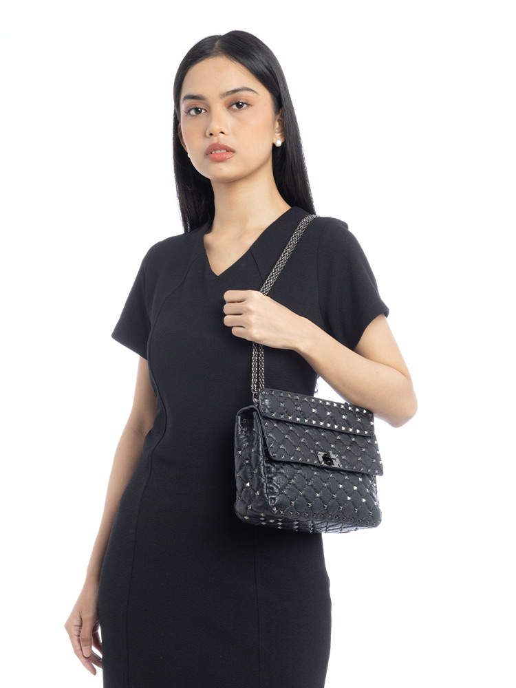 Craquele Nappa Rockstud Spike Medium Shoulder Bag Black