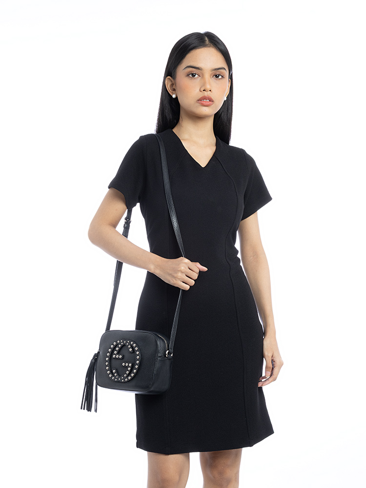 Pebbled Calfskin Studded Soho Small Disco Bag Black