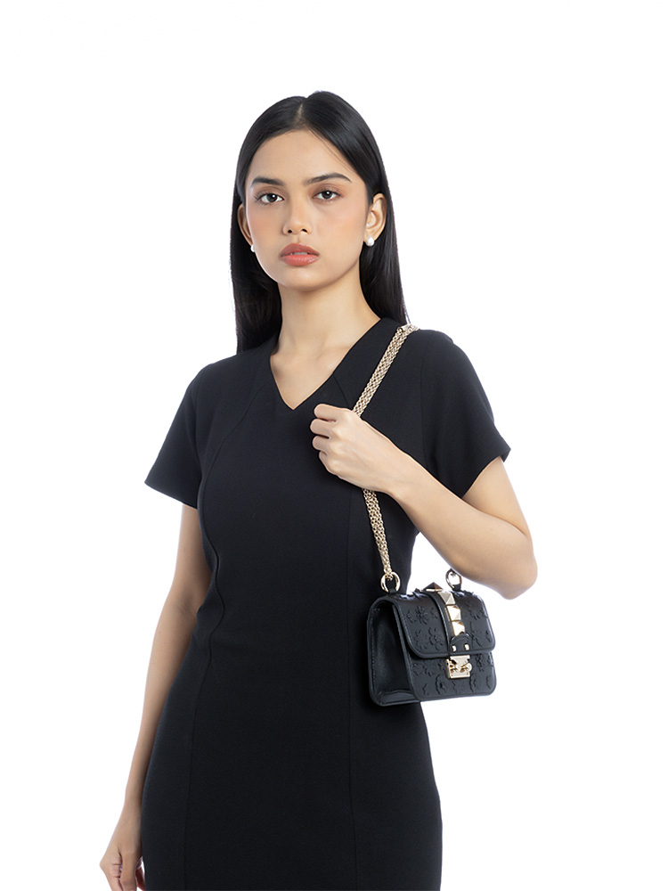 Flower Rockstud Glam Lock Mini Shoulder Bag Black