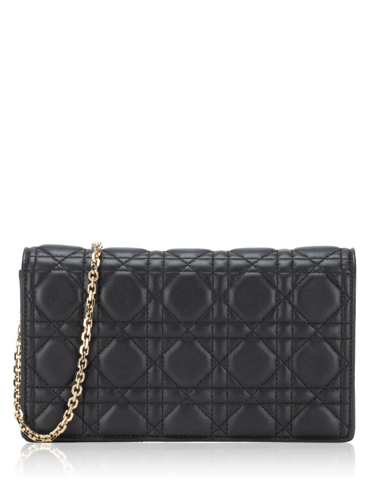 Lambskin Cannage Lady Dior Pouch with Chain Black