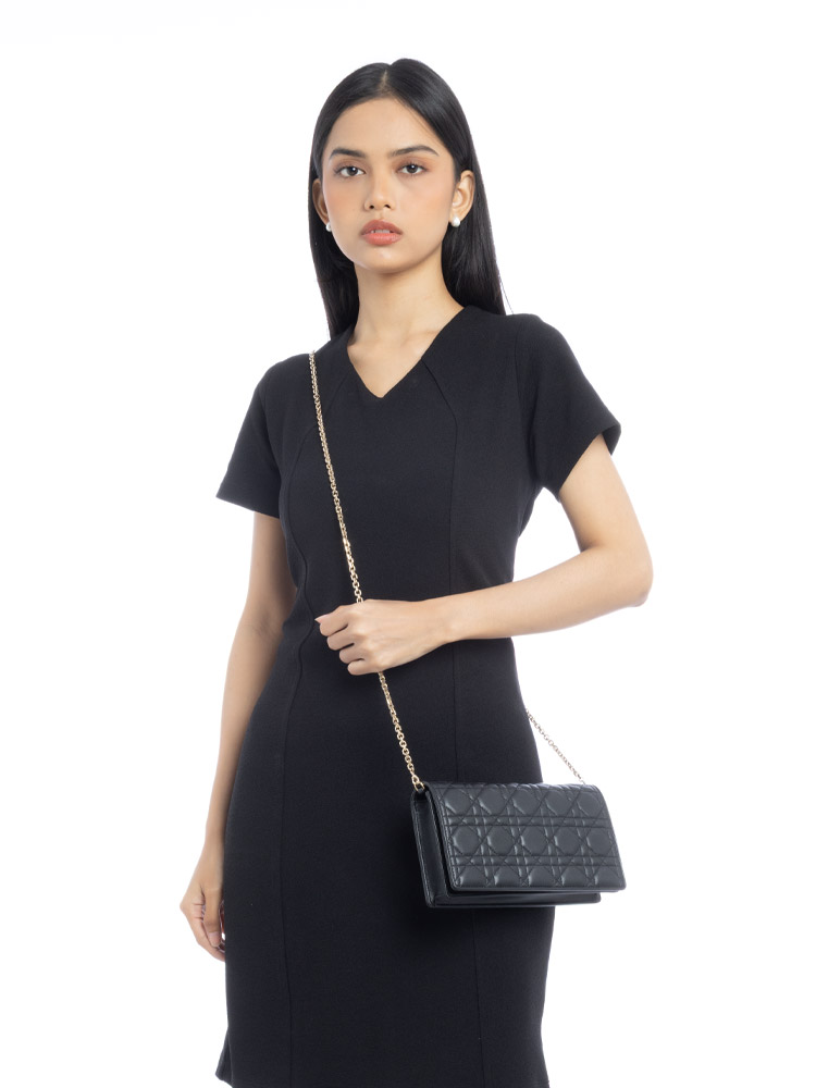 Lambskin Cannage Lady Dior Pouch with Chain Black