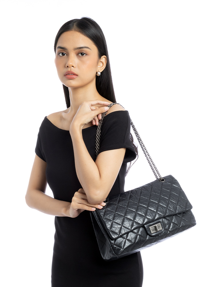 Metallic Aged Calfskin 2.55 Reissue 227 Double Flap Bag Black