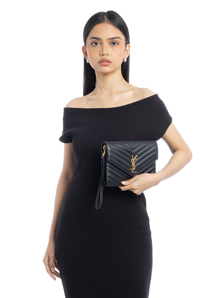 Grain De Poudre Matelasse Monogram Cassandre Pouch Black