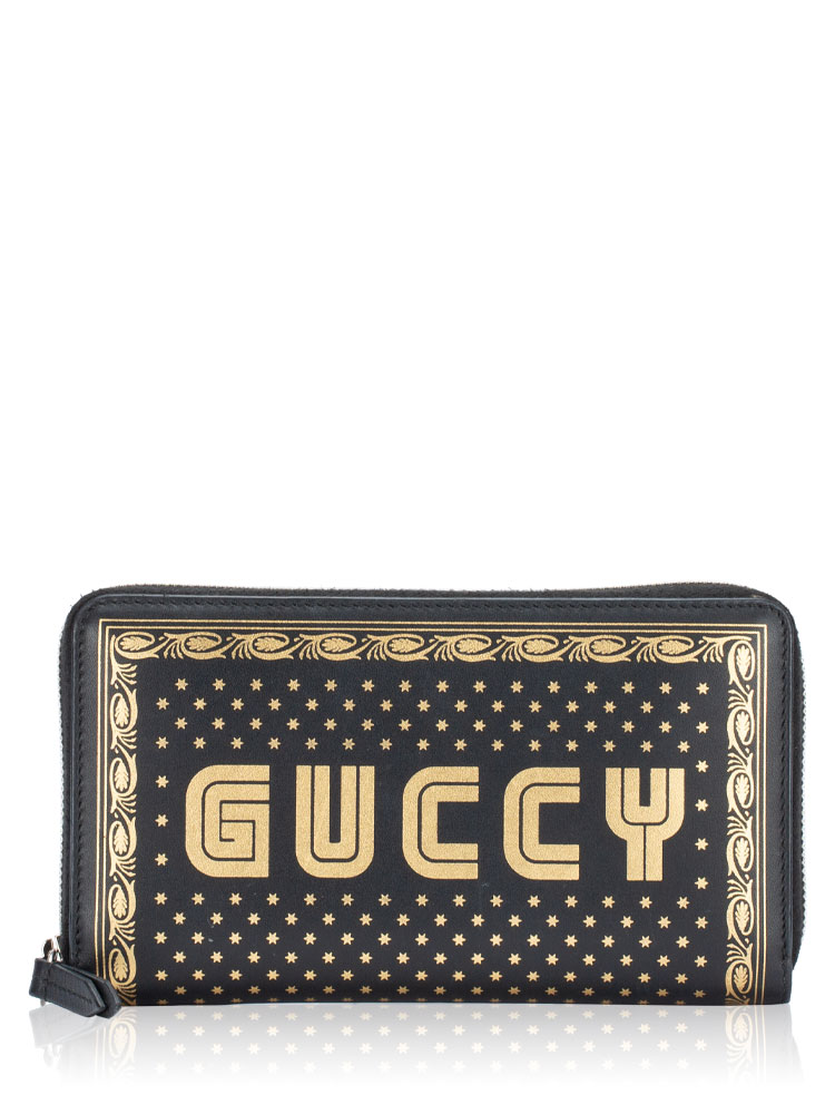 X SEGA Calfskin Stars Zip Wallet Black Gold