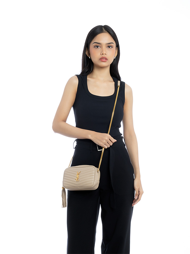 Grain De Poudre Matelasse Monogram Lou Mini Camera Bag Dark Beige