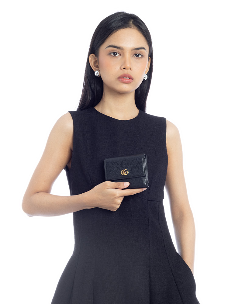 Calfskin GG Marmont Trifold Compact Wallet Black