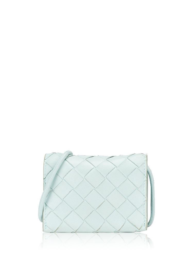 Nappa Intrecciato Card Case On Strap Washed Teal