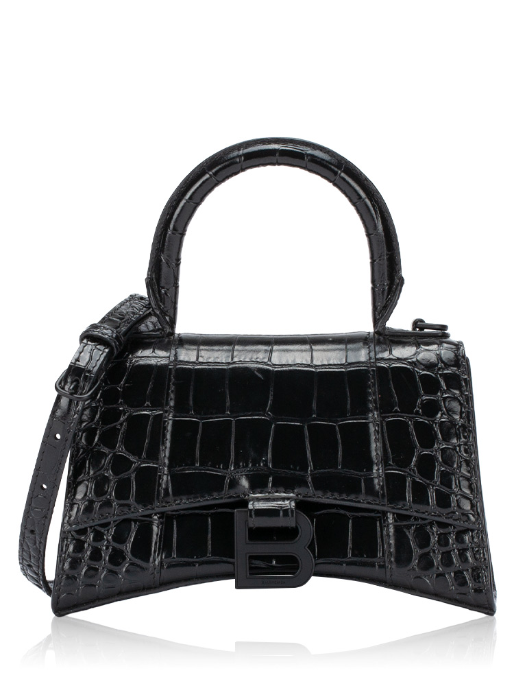 Shiny Croco Effect Hourglass XS Top Handle Bag Black