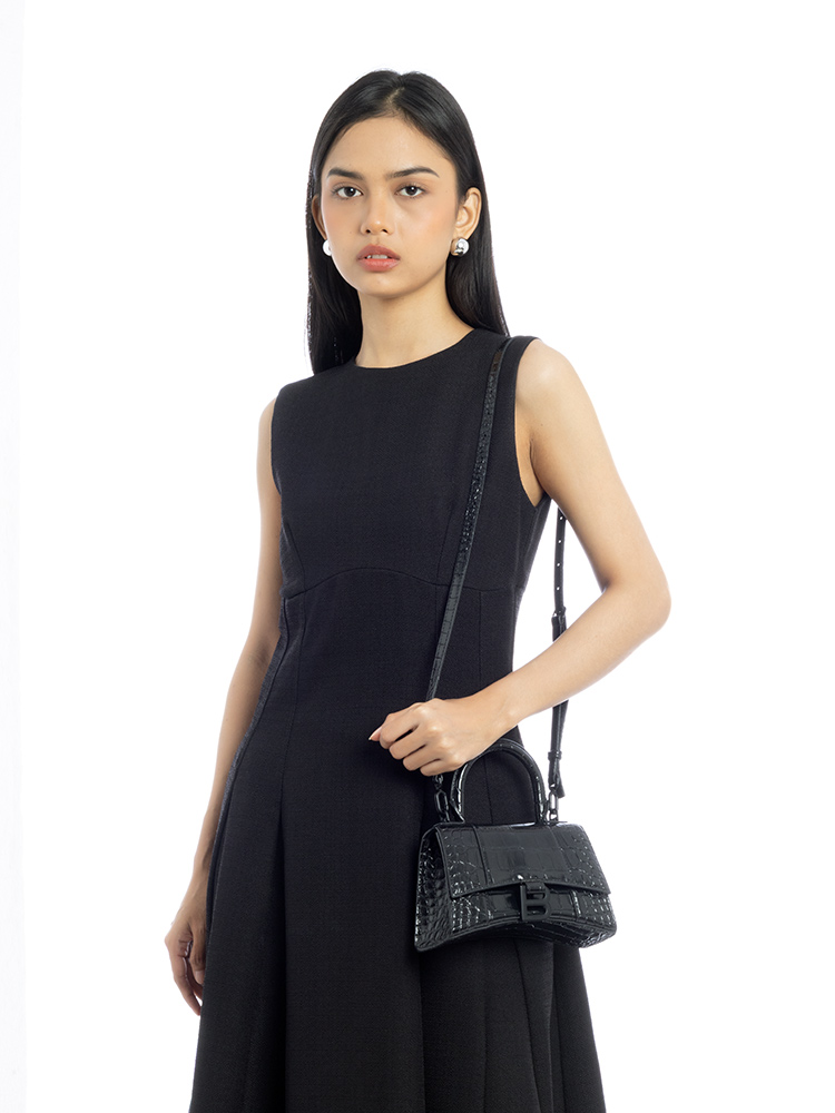 Shiny Croco Effect Hourglass XS Top Handle Bag Black