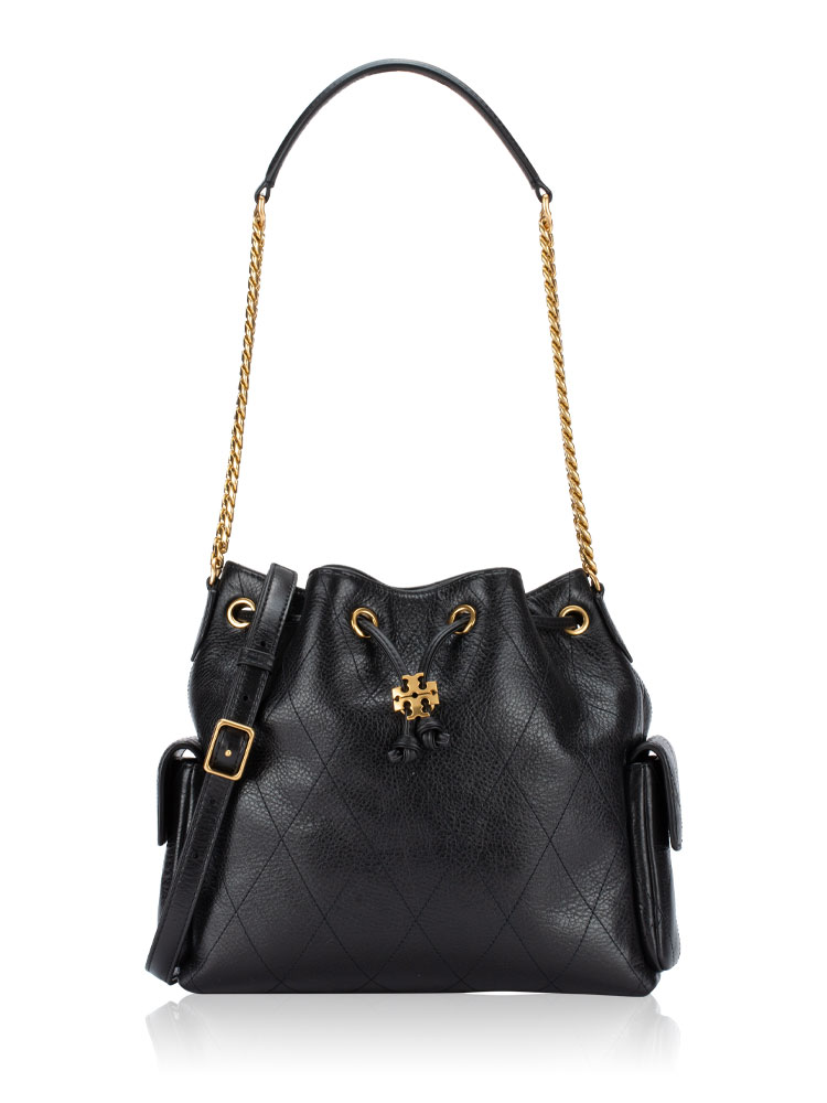 Quilted Leather Charlie Drawstring Shoulder Bag Black