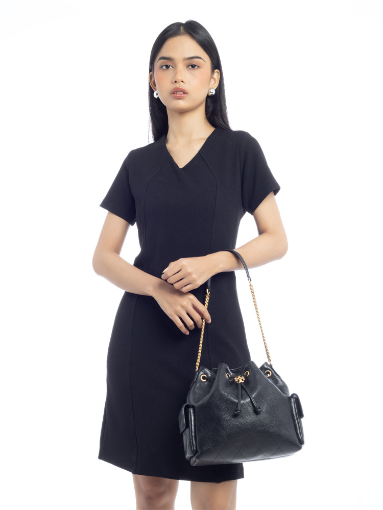 Quilted Leather Charlie Drawstring Shoulder Bag Black