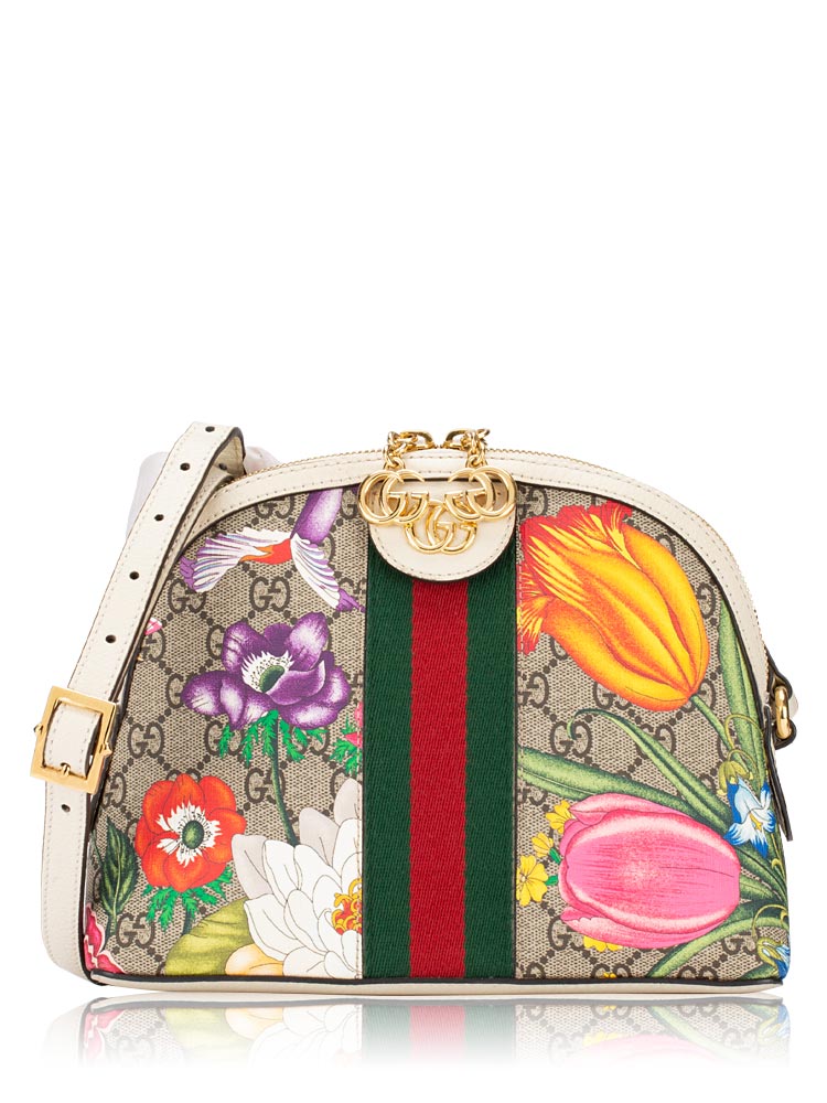 GG Supreme Web Ophidia Flora Dome Small Shoulder Bag White