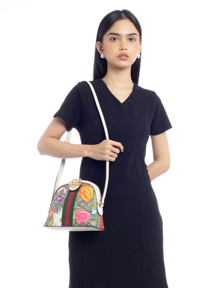 GG Supreme Web Ophidia Flora Dome Small Shoulder Bag White