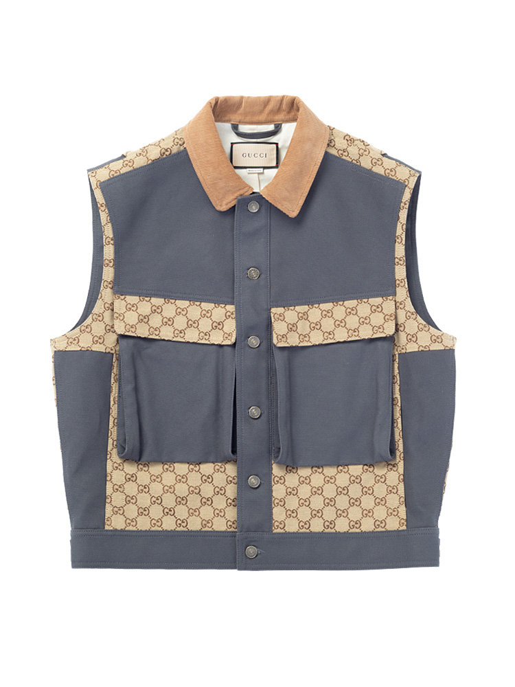 Cotton GG Panelled Gilet Vest Beige Dark Grey Sz 46