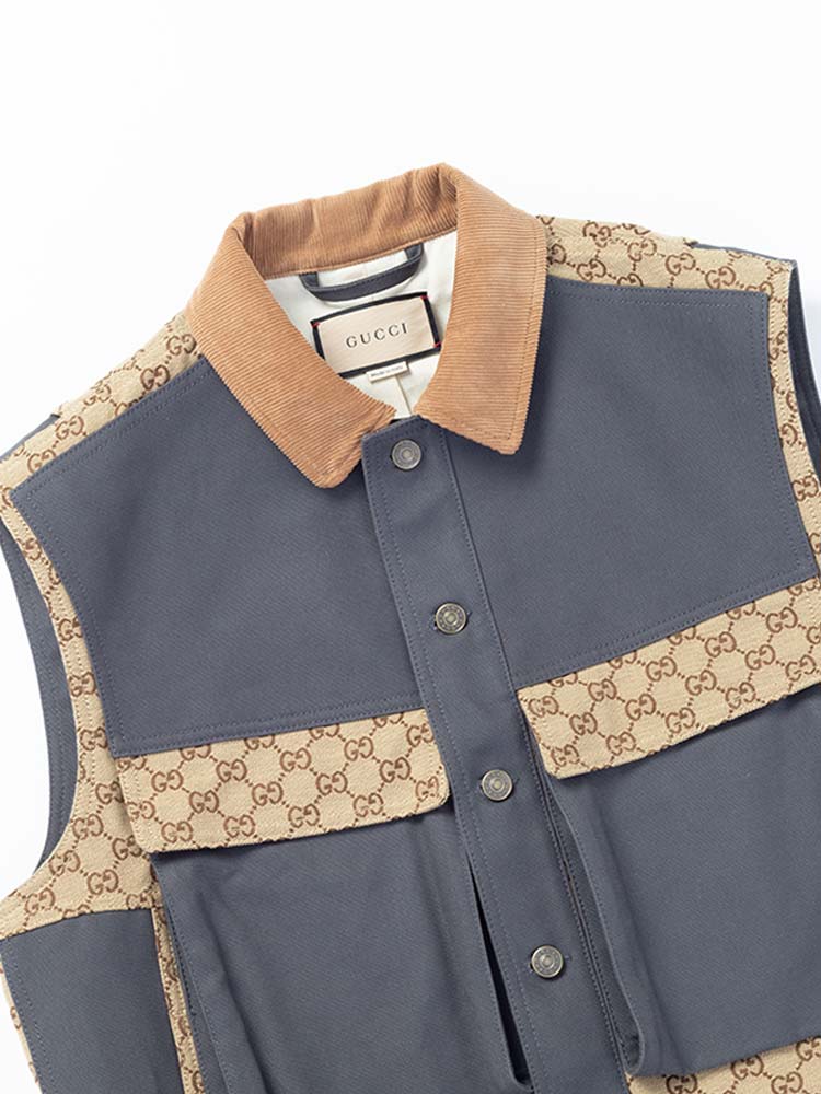 Cotton GG Panelled Gilet Vest Beige Dark Grey Sz 46