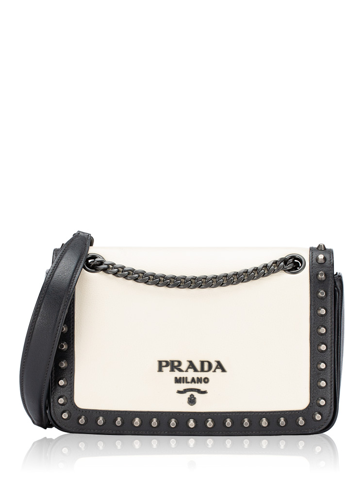 Glace Calfskin Studded Chain Shoulder Bag White Black