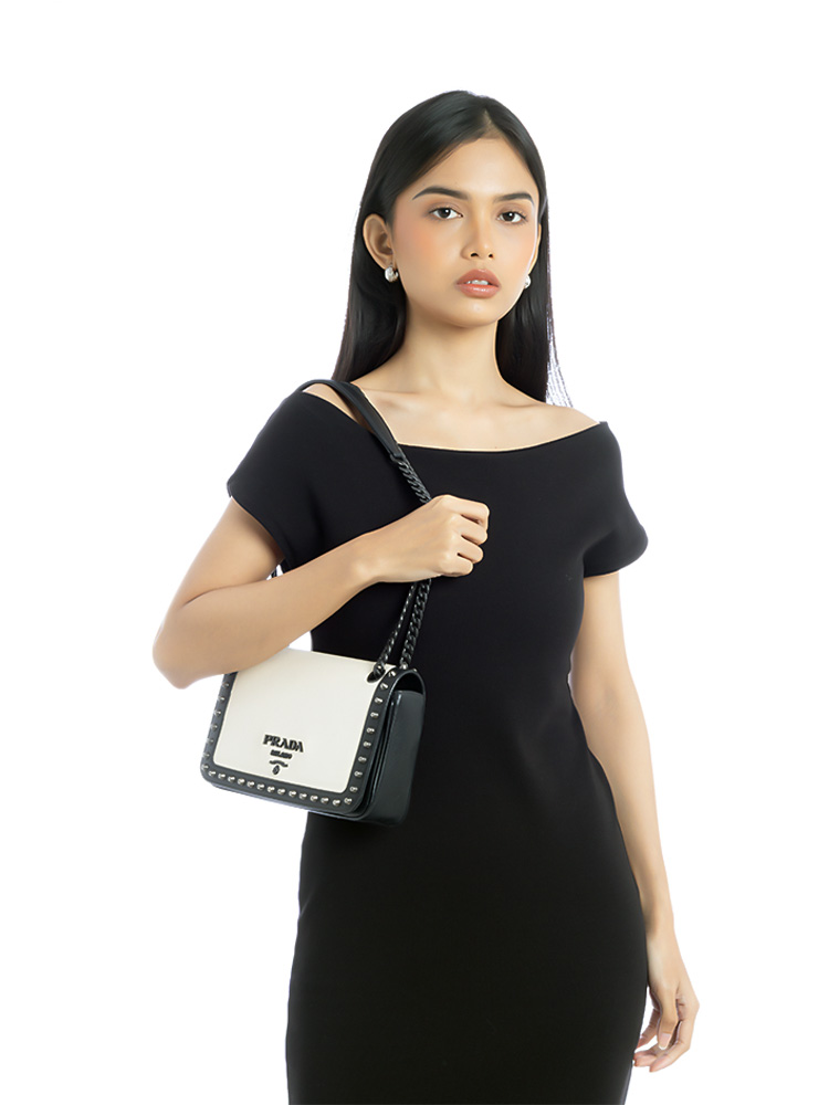Glace Calfskin Studded Chain Shoulder Bag White Black