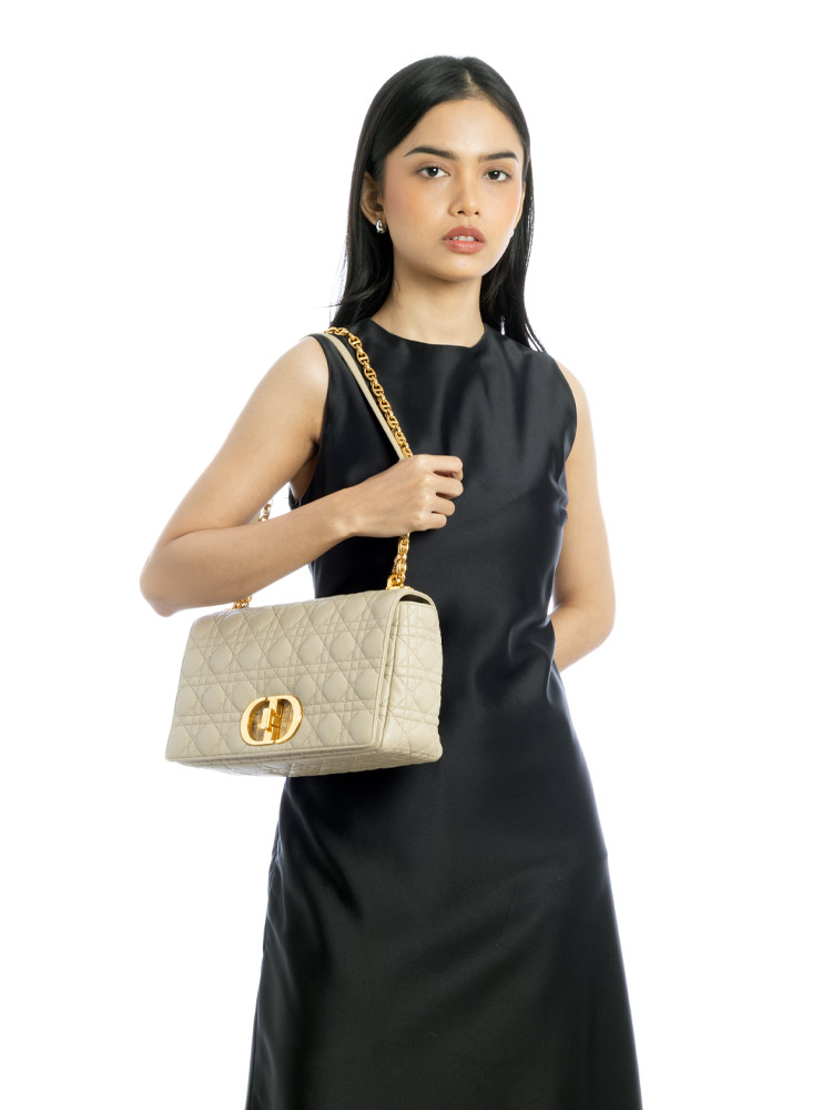 Supple Calfskin Cannage Caro Large Shoulder Bag Beige